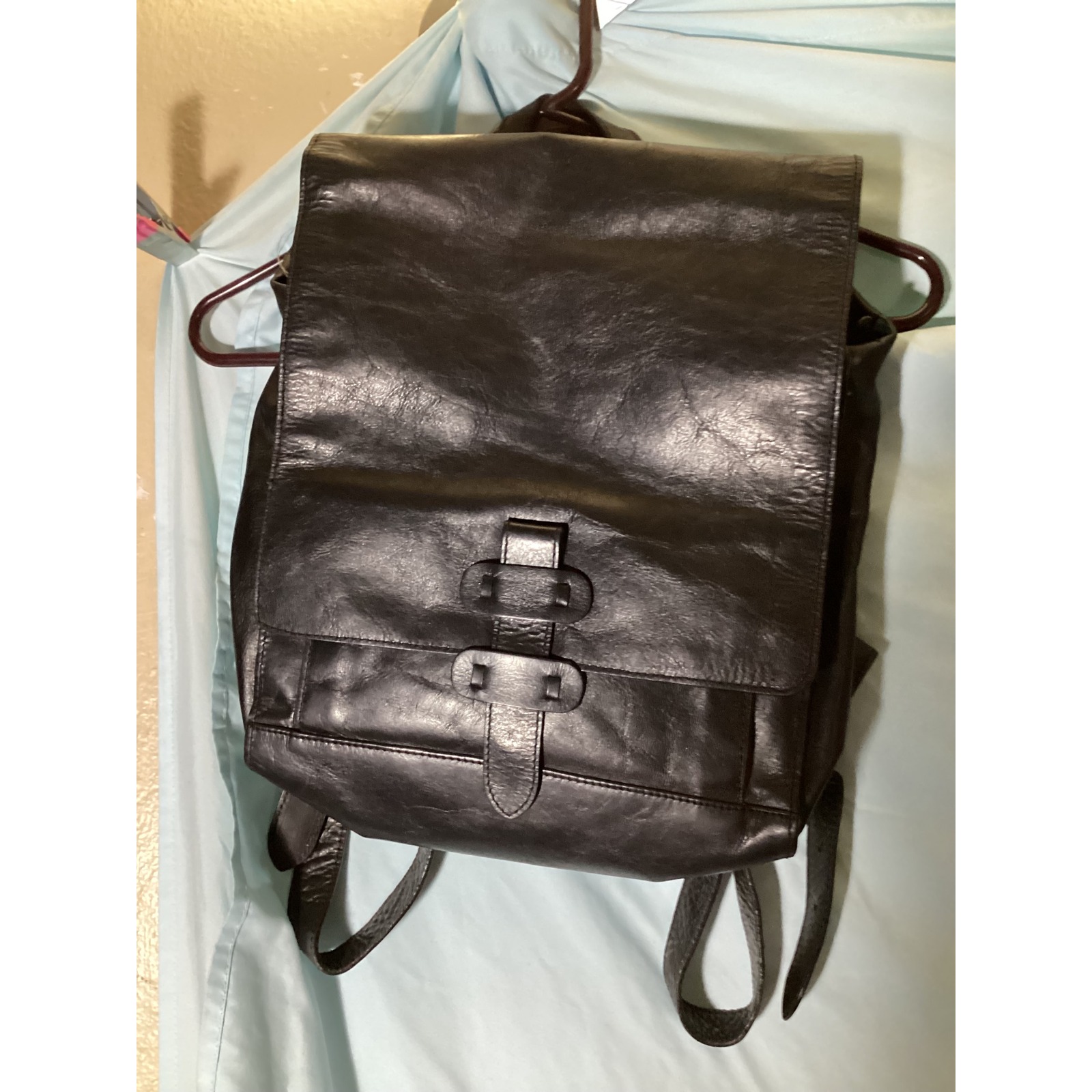 The Old Angler Italian Leather Black Backpack Flap Closure